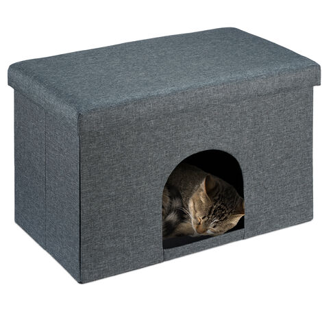 Relaxdays Cat Cave with Seat Pad, Foldable Stool, Ottoman, Cosy Hiding Place for Pet, HxWxD: 38.5 x 64.5 x 37.5 cm, Grey