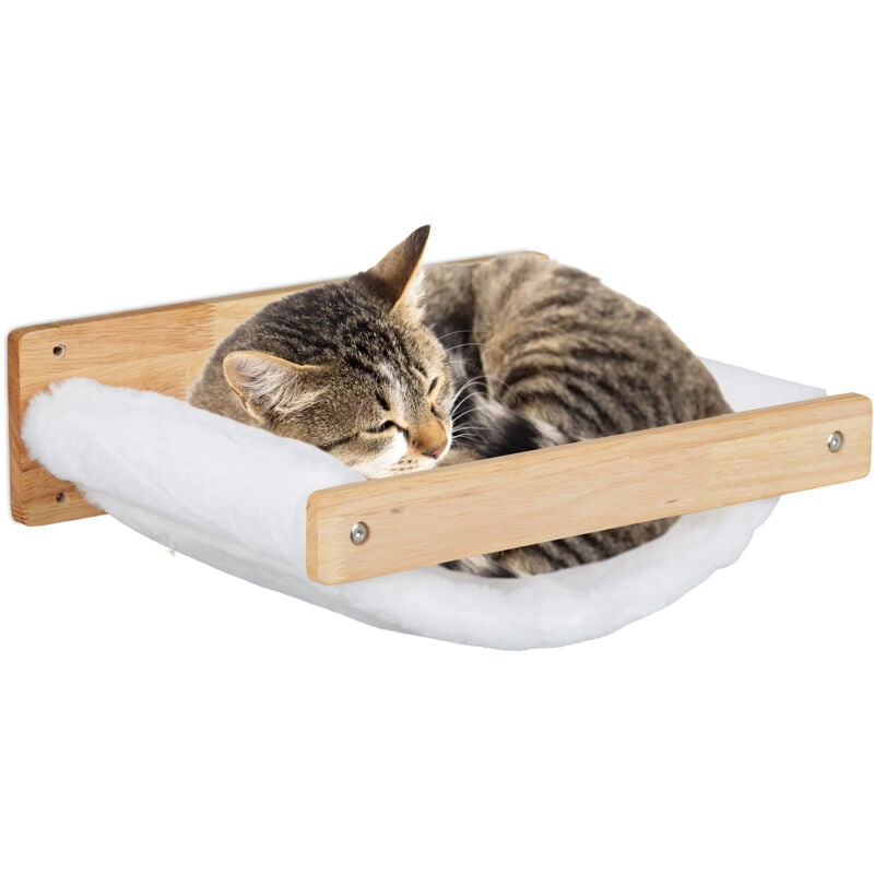 Relaxdays - Cat Hammock, Wall-Mounted, Hanging Pet Bed, Plush Lounger, hwd: 17 x 39.5 x 32.5 cm, Wood, White/Natural