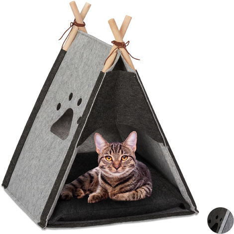Relaxdays Cat Tent, Pet Teepee for Felines & Small Dogs, Felt & Wood, Cushion, HWD 57x46x45cm, Light Grey