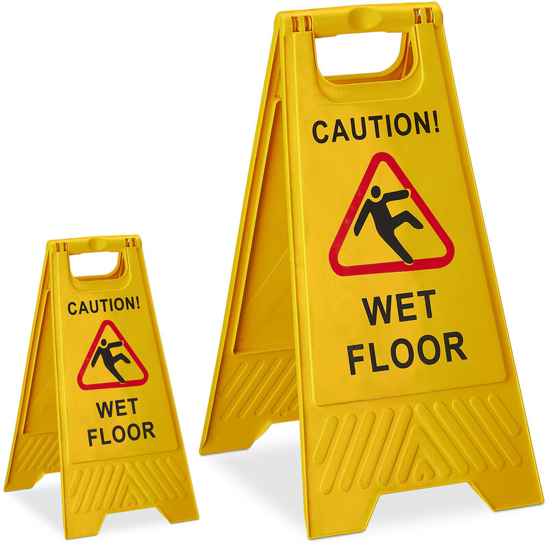 Warning Sign, 2x Set, Wet Floor, Caution, Foldable, Restaurants, Offices, Double Sided, Practical, Yellow - Relaxdays