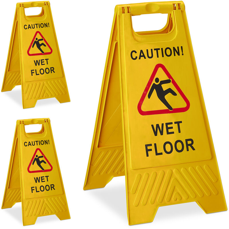 Warning Sign, 3x Set, Wet Floor, Caution, Foldable, Restaurants, Offices, Double Sided, Practical, Yellow - Relaxdays