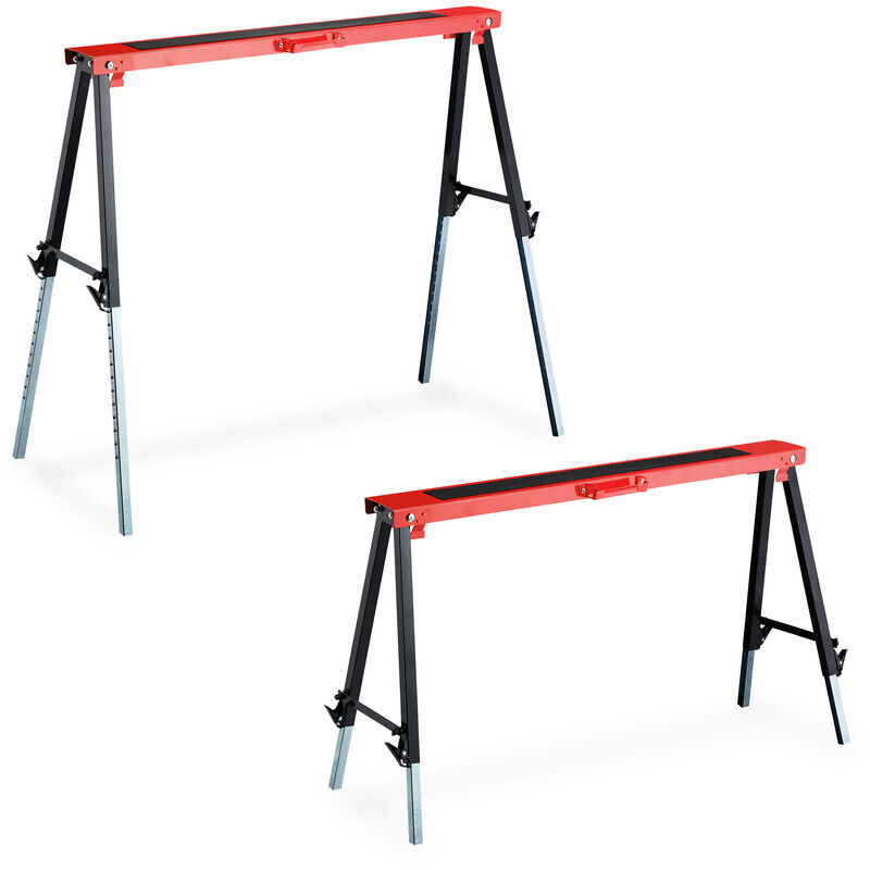 Relaxdays - Set of 2 Sawhorses, 12 Height Settings, Max. 150 kg, 91.5 x 106 x 50 cm, Multipurpose Trestles, Steel, Red