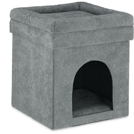 Relaxdays Cave Stool, Hiding Place for Pets, Foldable Seat, Soft Pillow, for Cats and Dogs, HxWxD: 42 x 38 x 38 cm, Grey