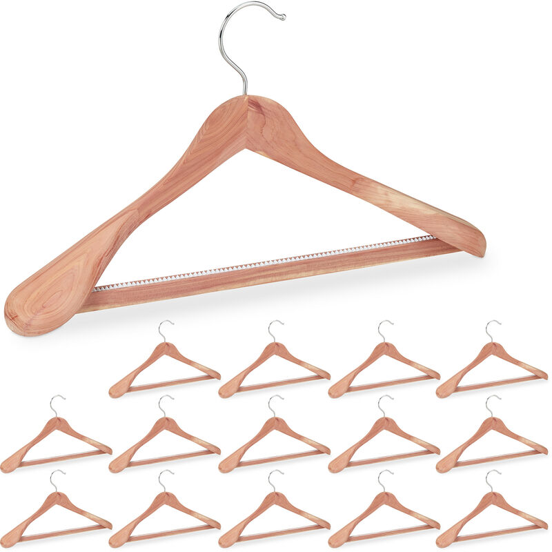 Set of 15 Relaxdays Cedarwood Suit Hangers, Mothproofing, Non-Slip & Sturdy, Wide with Pants Rail, 45 cm, Natural