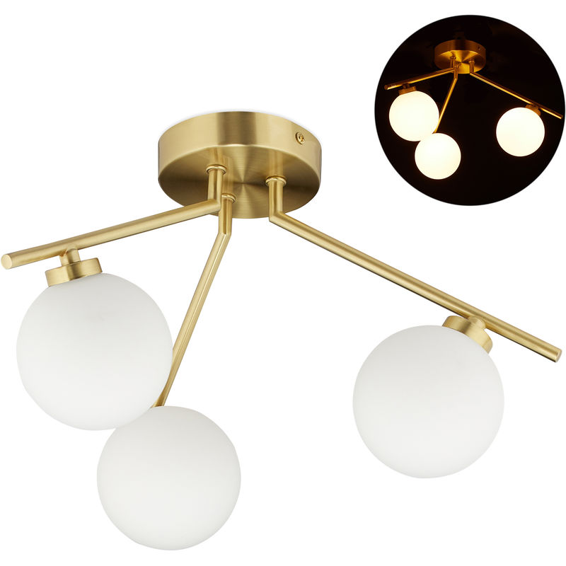 Relaxdays - Ceiling Light, 3 Way, G9 Bulbs, Glass Lampshades, Midcentury Lamp, H x D: 24.5 x 36 cm, Golden