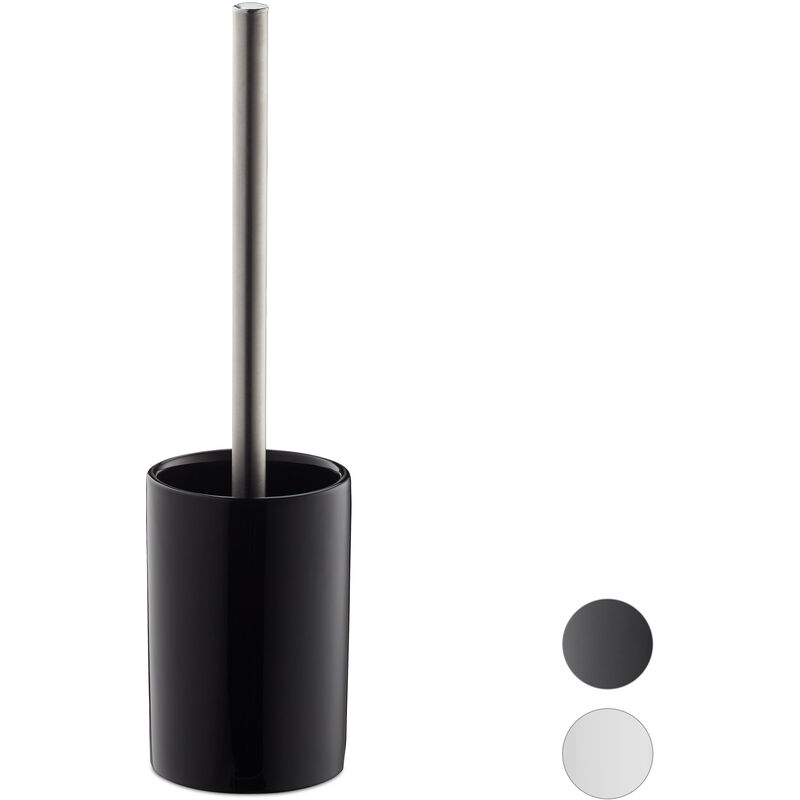 Ceramic wc Accessory Set, Toilet Brush with Round Holder, Exchangeable Brush Head, 36 cm, Black - Relaxdays