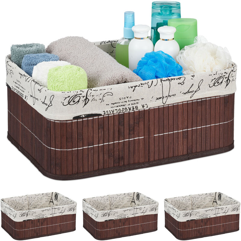 Relaxdays Set Of 4 Storage Baskets, Fabric Cover, Retro Pattern, Bamboo, Bathroom Organiser, 16.5x38x28.5 Cm, Brown