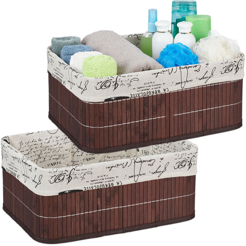 Relaxdays Set Of 2 Storage Baskets, Fabric Cover, Retro Pattern, Bamboo, Bathroom Organiser, 16.5x38x28.5 Cm, Brown