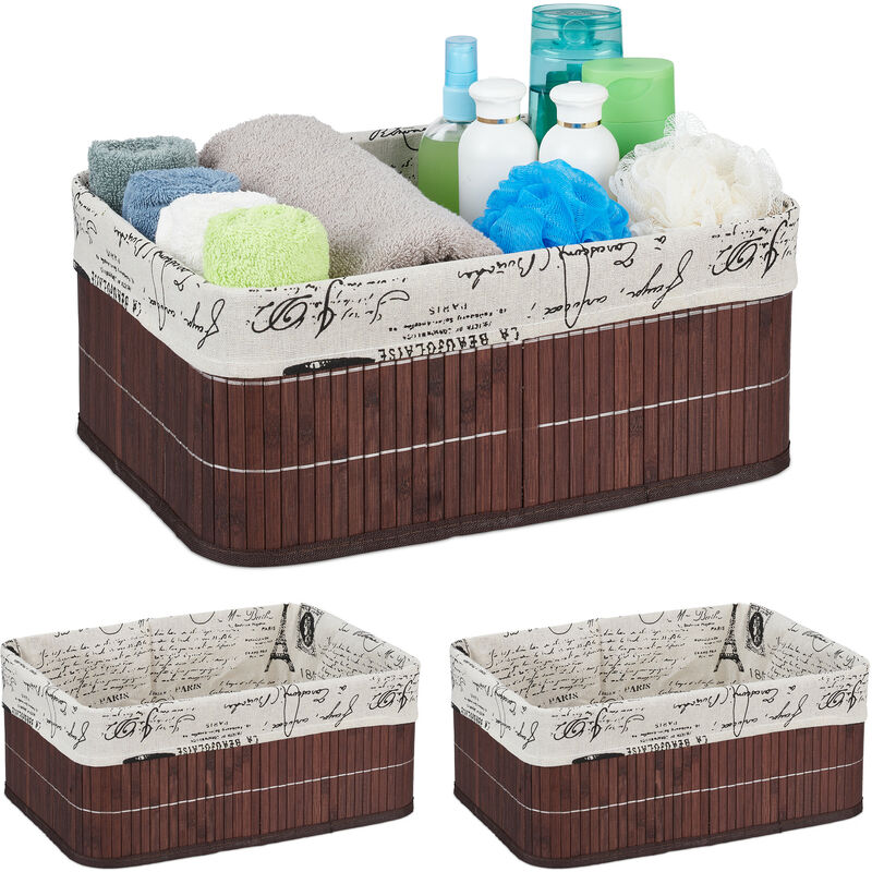 Relaxdays Set Of 3 Storage Baskets, Fabric Cover, Retro Pattern, Bamboo, Bathroom Organiser, 16.5x38x28.5 Cm, Brown