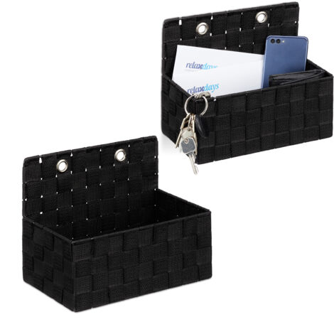 Relaxdays Cesta Organizadora Colgante, Set de 2, Efecto Trenzado, Baño, Pasillo, Cestita Pared, 20 x 25 x 16,5 cm, Negro