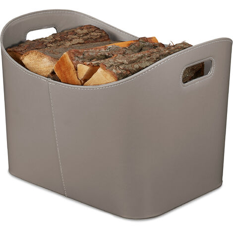 Relaxdays Cesta para Leña Piel Sintética XL, Canasto para Troncos con Asas, para Madera de Chimenea, Gris Oscuro