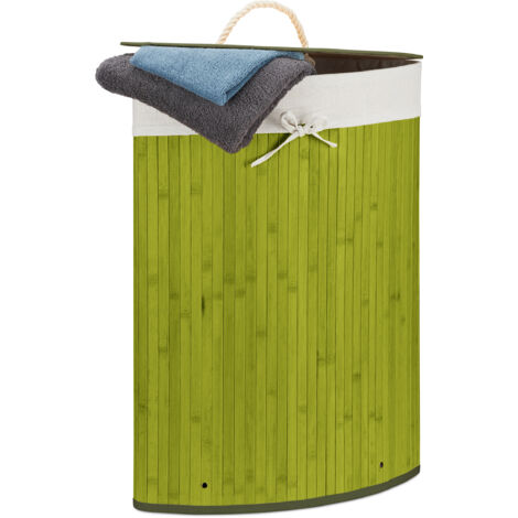 Relaxdays Cesta Porta-Biancheria Angolare in Bambù, 60 l, Pieghevole, con Coperchio, Sacco, 65,5x49,5x37 cm, Verde
