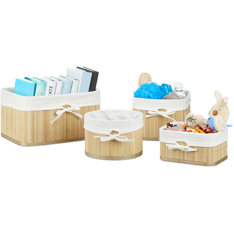 Relaxdays Cestas de Almacenaje de Bambú, Set de 4, Caja para Estantería y Armario, Cestitas Baño, 4 Tamaños, Natural