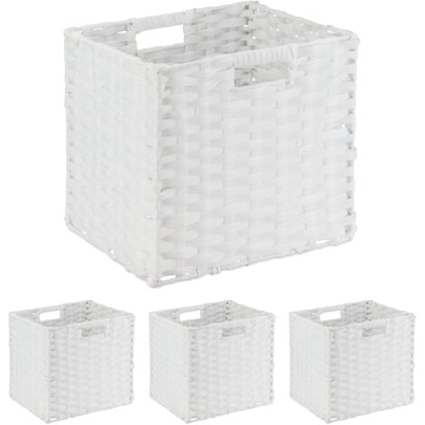 Relaxdays Cesti Intrecciati Portaoggetti in Plastica, Set 4 Scatole da Scaffale, HLP 31x32x30 cm, Organizer Cubo, Bianco