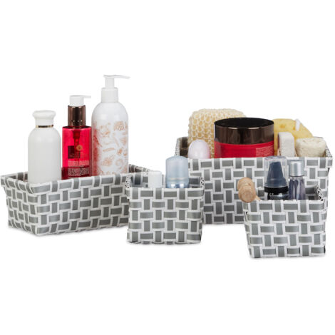 Relaxdays Cestini Bagno Portaoggetti, Set 4 Organizer Universali Design Intrecciato, Box Salvaspazio, Bianco-Grigio