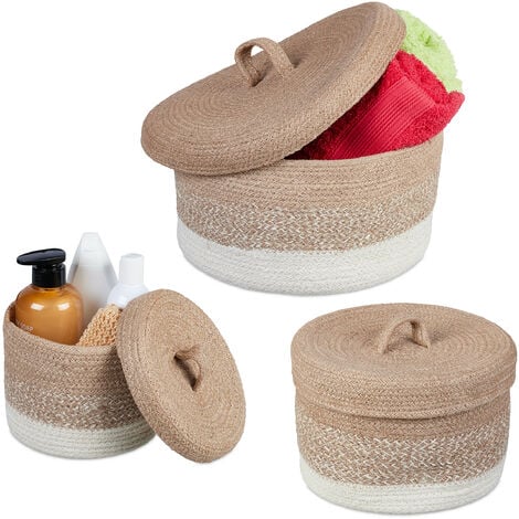 Relaxdays Cestini da Bagno Set da 2, Contenitori Portaoggetti Intrecciati, con  Coperchio, Decorativi, in Fibra di