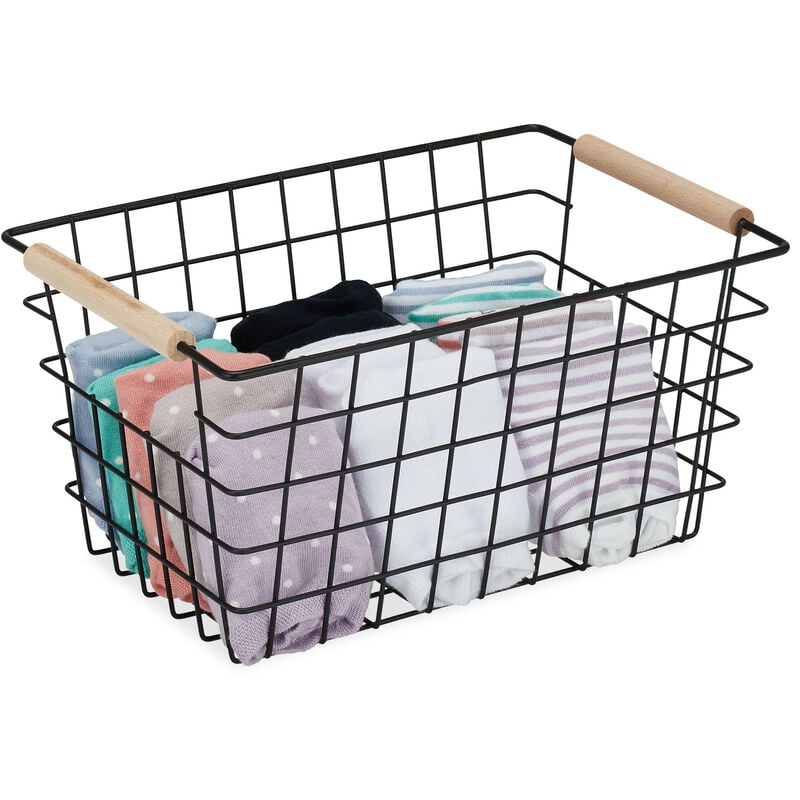 Relaxdays - Wire Basket, Wooden Handles, Square, Lattice Design, Clothes, Accessories, Metal Bin, hwd: 16x31x21 cm, Black