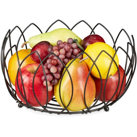 Relaxdays Cestino Portafrutta, Cesto Centrotavola Decorativo, Fruttiera Rotonda in Filo di Metallo, HxD: 13x27 cm, Nero, Ferro, 1 pz