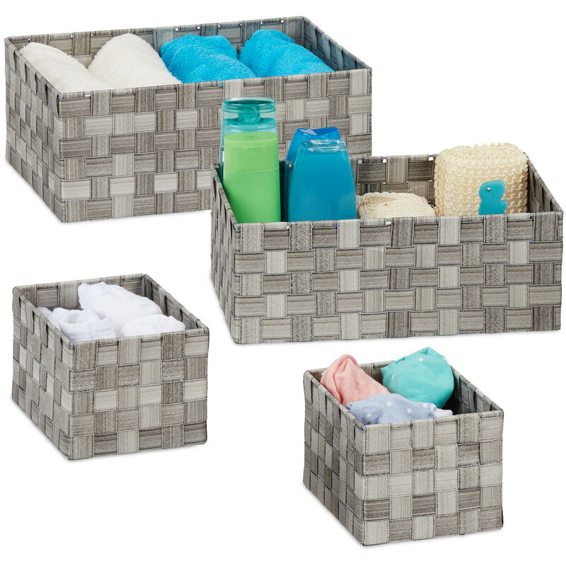 Set Of 4 Storage Baskets, Woven, Bathroom & Bedroom Organiser Boxes, Rectangular, 3 Sizes, Plastic, Grey - Relaxdays