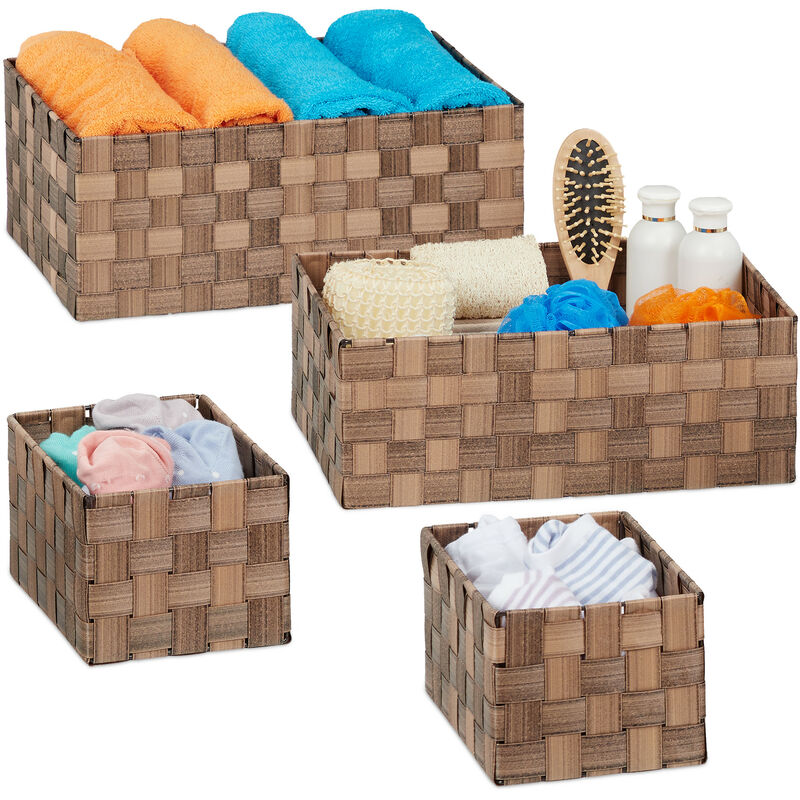 Relaxdays Set Of 4 Storage Baskets, Woven, Bathroom & Bedroom Organiser Boxes, Rectangular, 3 Sizes, Plastic, Brown