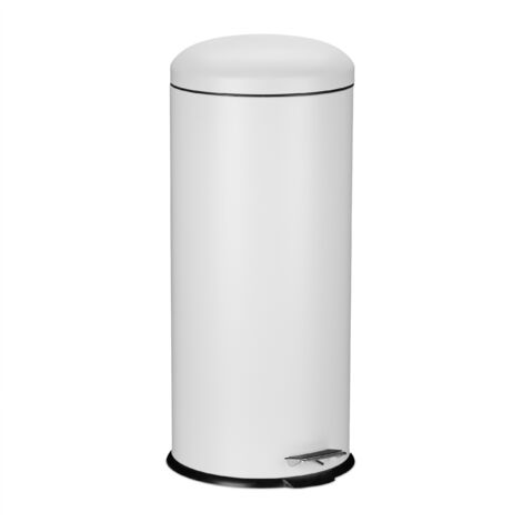 Relaxdays Cestino rifiuti 30 litri, bidone cucina con chiusura automatica, manico e pedale, rotondo, metallo, bianco