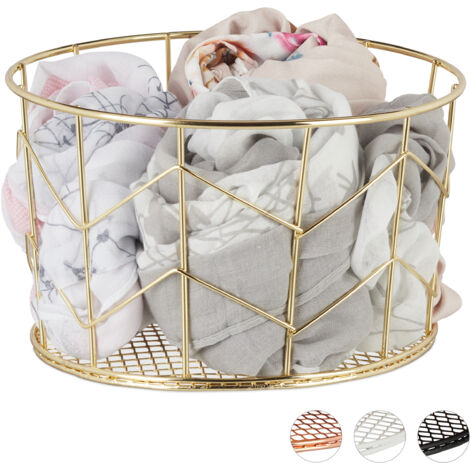 Relaxdays Cestino Rotondo, Vintage, Contenitore per Vestiti e Accessori, Decorativo, in Metallo, 22 cm, Color Oro