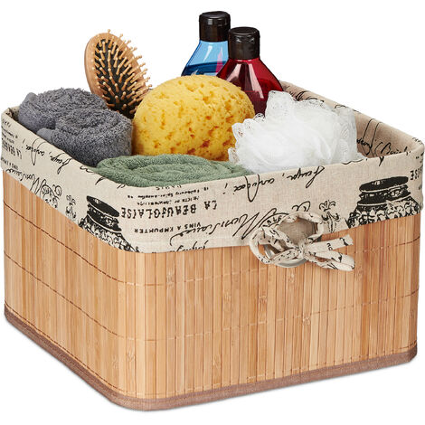 Relaxdays Cesto Almacenamiento Bambú y Poliéster 20x31x31 cm, Cesta con Asa Metálica, Caja Estantería, Natural y Crema