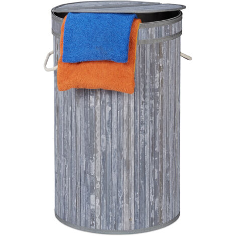 Relaxdays Cesto Portabiancheria in Bambù, Cesta Rotonda Pieghevole, con Coperchio, 65 litri, Diametro 40 cm, Grigio