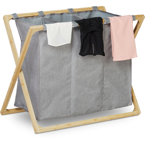Relaxdays Cesto Ropa Sucia, 3 Compartimientos de 28 L, Plegable, Armazón Bambú, 57,5 x 69 x 38 cm, Gris/Natural