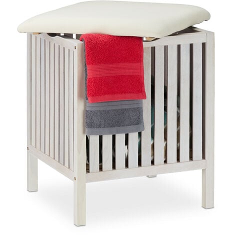 Relaxdays Cesto Ropa Sucia con Taburete, Banco Baño Rústico, Almacenaje Madera y Tela, 40l, 53 x 41 x 41 cm, Blanco
