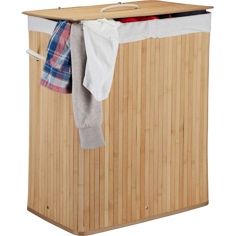 Cesto Ropa Sucia con Tapa y 2 Compartimentos, Cubo Colada Plegable, Canasta, Bambú, 95 l, Natural - Relaxdays