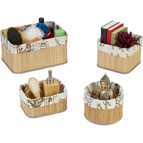 Relaxdays Cestos Almacenaje Set 4, Cajas Organizadoras 4 Tamaños, Bambú y Poliéster, Cestas Apilables, Natural y Crema