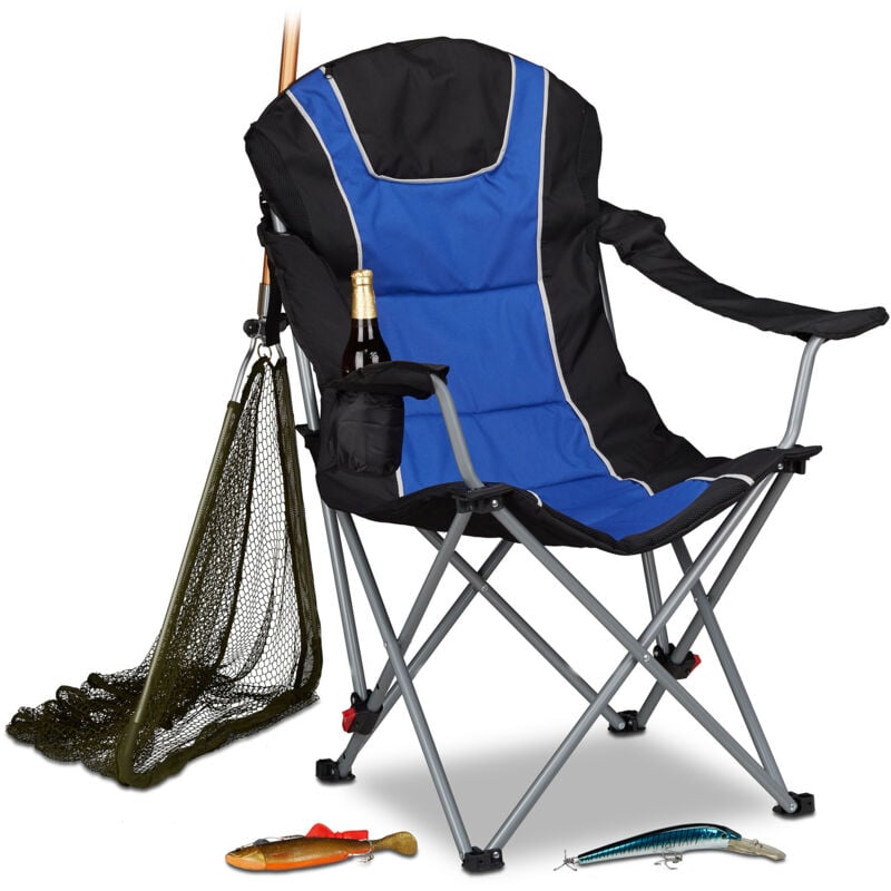 2x chaises de camping pliable fauteuil de pêche rembourré, porte-boissons dossier réglable HxlxP: 108x90x72cm, bleu-noir