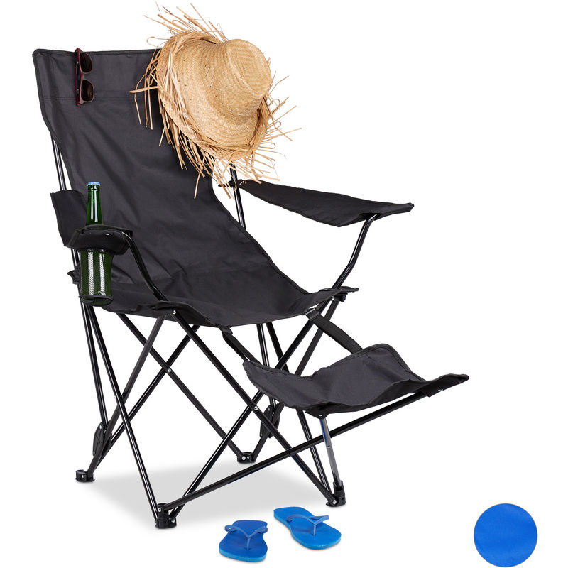 Chaise de camping pliante repose-pieds porte-boissons 120 kg fauteuil pliable pêche, noir - Relaxdays