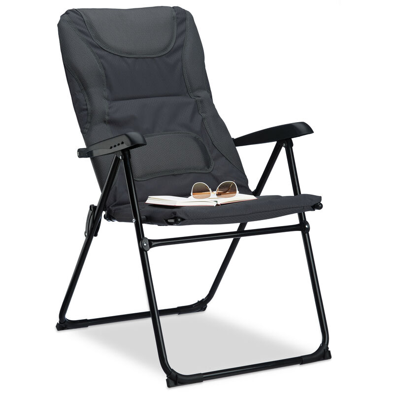 Chaise de camping rembourrée comfort confortable réglable 2 niveaux camping pêche pique-nique HxlxP: 107 x 60 x 68 cm, gris - Relaxdays