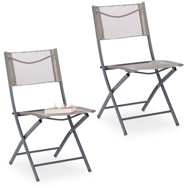 Chaise de jardin, 2 fauteuils pliables, balcon, terrasse, camping en métal jusqu'à 120 kg résistant, marron - Relaxdays