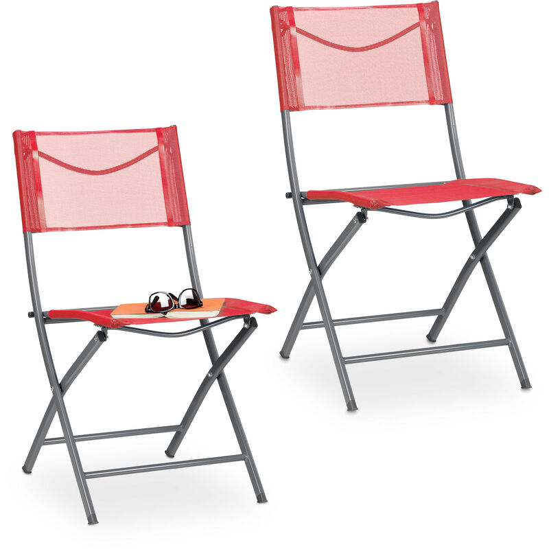 Chaise de jardin, jeu de 2, pliable, terrasse, fauteuil de camping en métal jusqu'à 120 kg robuste, rouge - Relaxdays