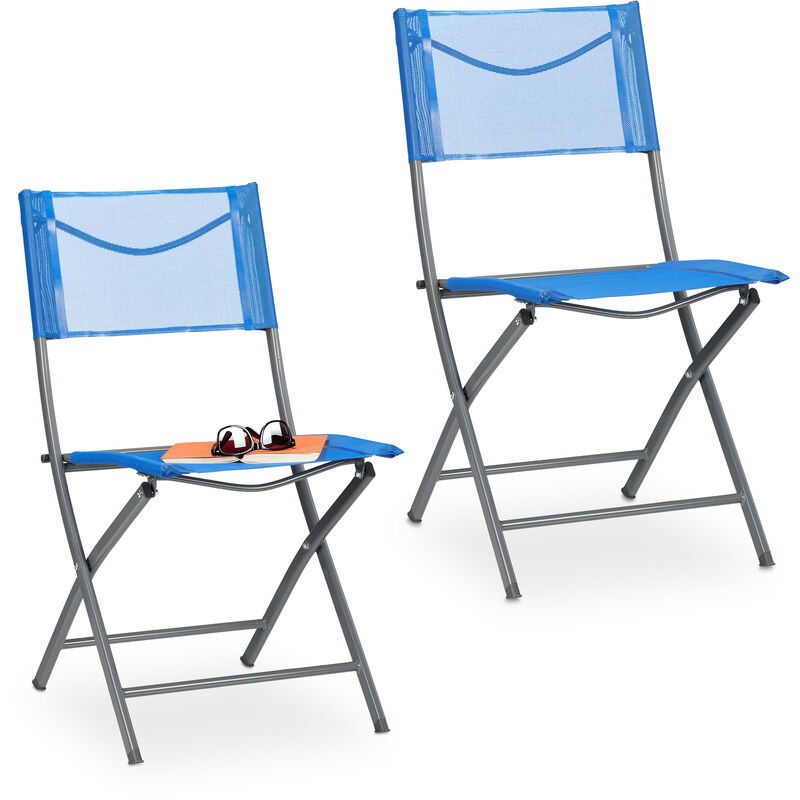 Chaise de jardin, jeu de 2, pliables , balcon, terrasse, métal jusqu'à 120 kg résiste aux températures, bleu - Relaxdays