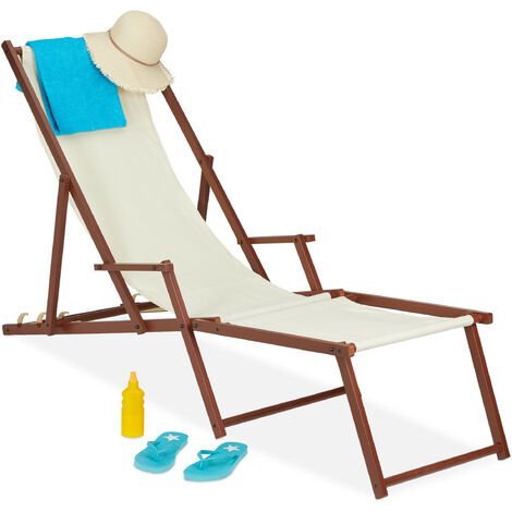 Chaise longue en bois et tissu, 3 positions allongées, transat avec accoudoirs, repose-pieds, 120 kg, beige