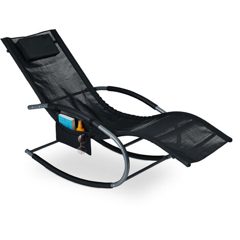 Relaxdays Chaise longue, jardin, bain soleil ergonomique, fauteuil bascule, charge maximale 150 kg, coussin, poche, noir