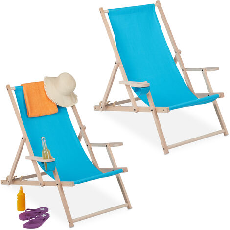 Relaxdays Chaise longue pliable, lot de 2, bois et tissu, 3 positions, accoudoirs, porte-boissons, transat, bleu clair