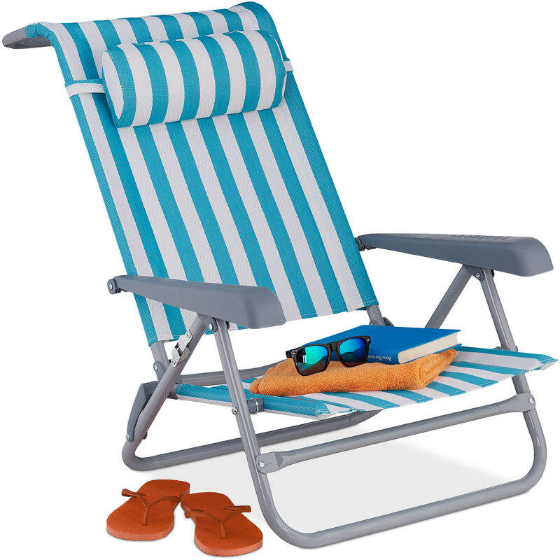 Chaise longue pliante, 8 niveaux réglables, transat de plage avec repose-tête, accoudoirs, bleu/blanc - Relaxdays