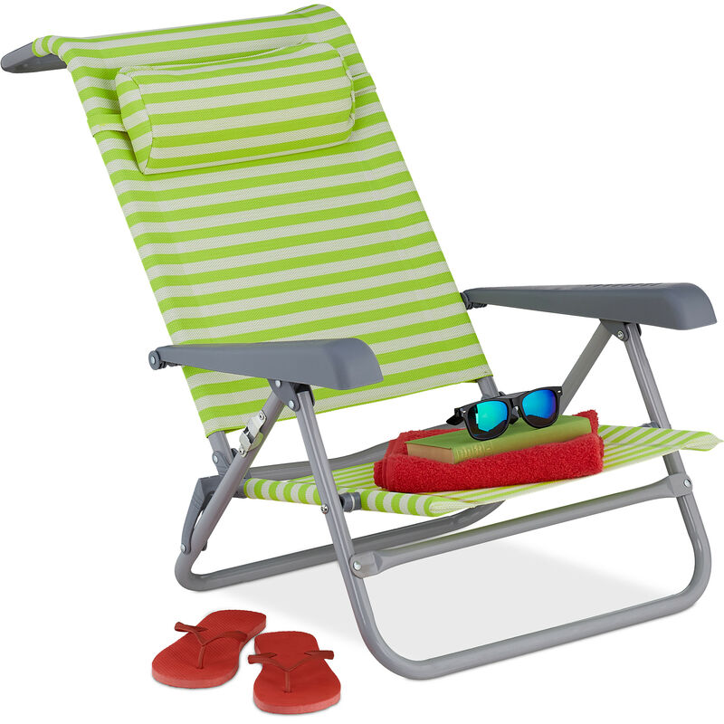 Chaise longue pliante, 8 niveaux réglables, transat de plage avec repose-tête, accoudoirs, vert/blanc - Relaxdays