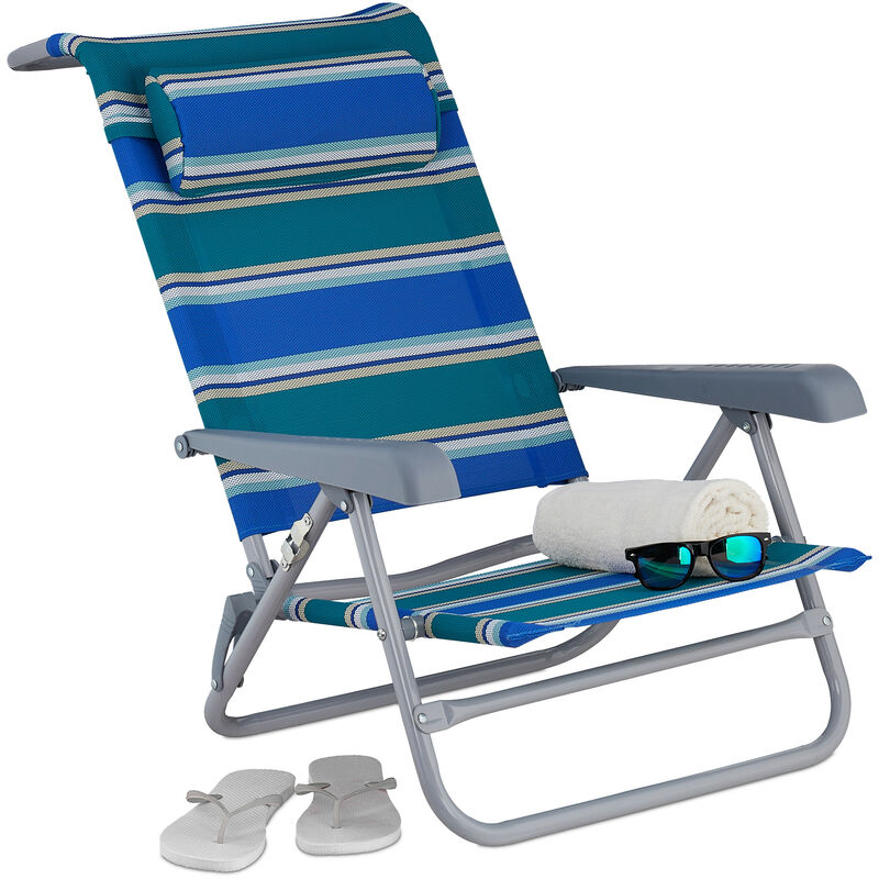 Chaise longue pliante, réglable, transat de plage avec repose-tête, accoudoirs, bleu/vert/blanc - Relaxdays
