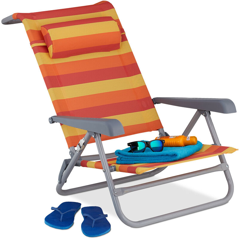 Relaxdays chaise longue pliante, réglable, transat de plage avec repose-tête, accoudoirs, jaune/rouge/orange