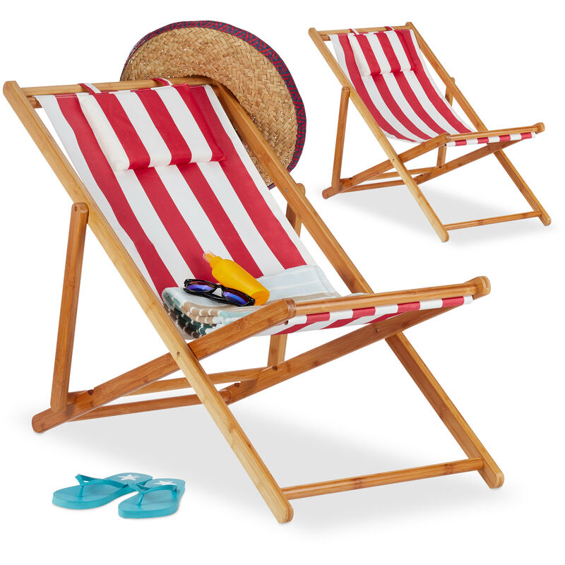 Chaise pliante lot de 2 en bambou tissu chaise de jardin oreiller balcon plage fauteuil, rouge - Relaxdays