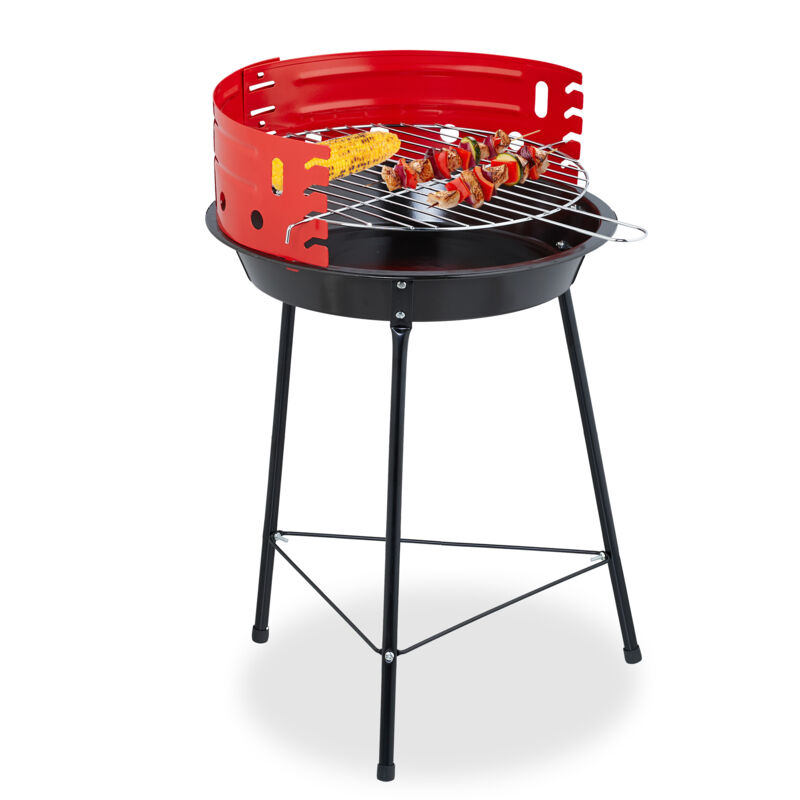 Relaxdays - Charcoal Barbecue, Ø 37 Cm, Tripod Stand, Round Grill, For Picnic, Garden & Park, With Wind Block, Black/red