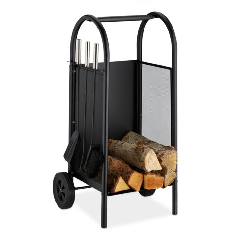 Relaxdays – Chariot à bois de cheminée – Acier noir – Serviteur avec pelle, balai et tisonnier – Dimensions H 81 x L 42 x P 37 cm – Charge max 20 kg