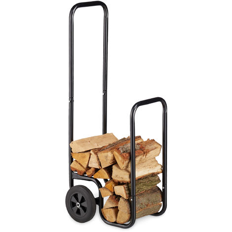 Relaxdays Chariot à bois de cheminée, Chariot à bois de chauffage en métal, avec 2 roues, jusqu'à 60 kg, noir