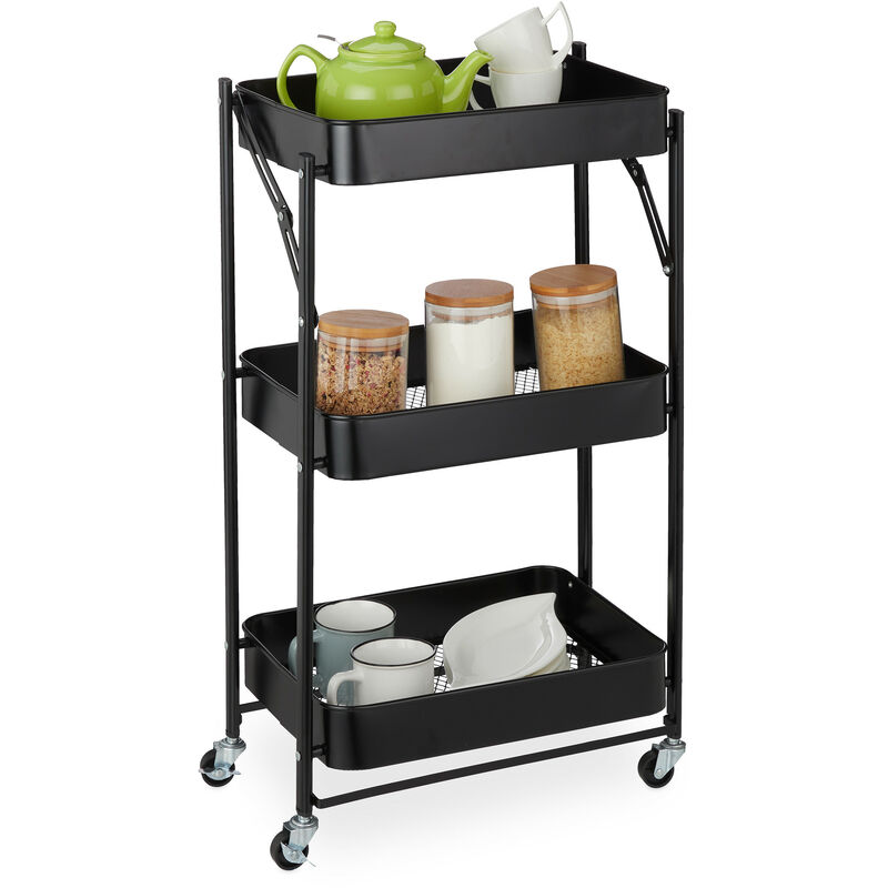 Chariot à roulettes, 3 niveaux, HxLxP: 77,5 x 45,5 x 29,5 cm, pliable, 2 freins, 4 crochets, métal, noir - Relaxdays